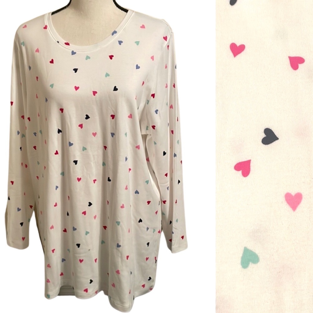 Kim Rogers Long Sleeve Heart Print Tee - White with Multicolor Hearts